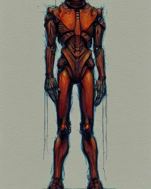 Image similar to a watercolor painting full body character portrait of a humanoid machine mutant in the style of moebius in the style of leonard boyarsky trending on artstation deviantart pinterest detailed photorealistic highlights and shadow hd 8 k post - processing high resolution