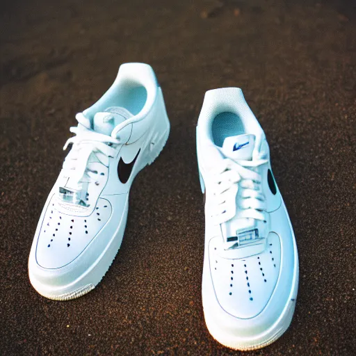 Prompt: photo of white nike air force one sneaker on a beach, color film photography, 3 5 mm,