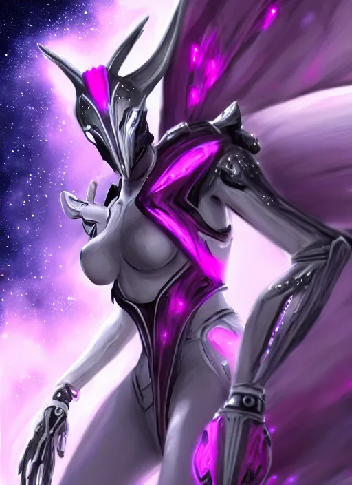 Image similar to cinematic goddess body shot, galactic sized proportional stunning beautiful hot female warframe, sleek mecha female dragon head, metal ears, led purple eyes, smooth fuschia skin, smooth silver armor, floating in space, holding a galaxy, epic proportions, epic size, epic scale, furry art, dragon art, giantess art, warframe fanart, furaffinity, octane