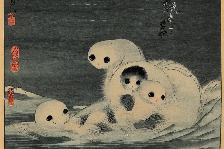 Image similar to baby harp seal demons, scary, Japanese painting, 1800s