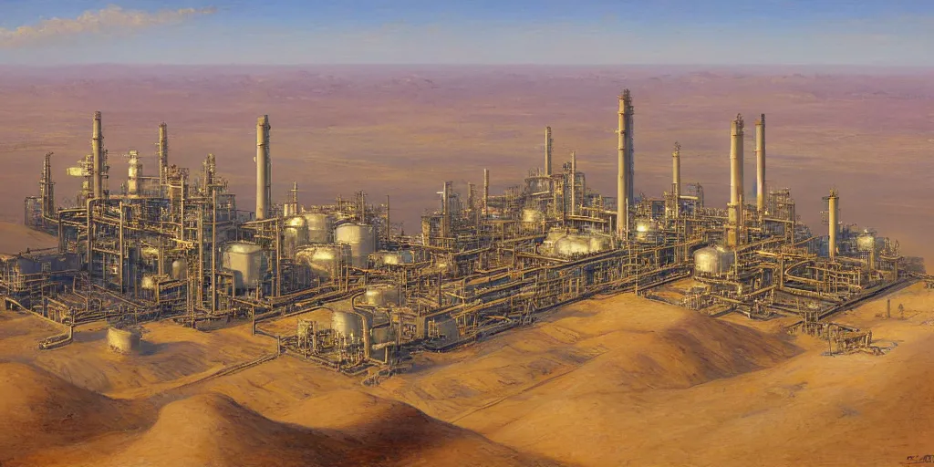 Image similar to detailed cinematic high angle shot of oil refinery power plant in the arabian desert, spring light, painting by gaston bussiere, craig mullins, j. c. leyendecker