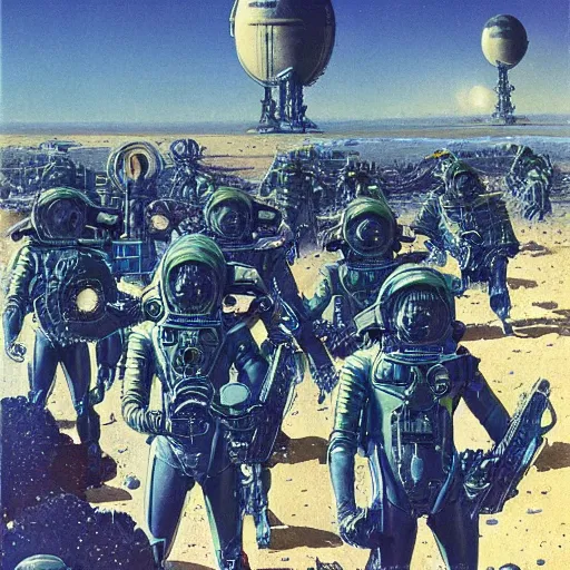 Prompt: tank battalion in the acid plains of mars, 1 9 5 0 s vintage sci - fi art, by bruce pennington