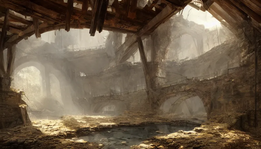 Image similar to a beautiful painting of of an old abandoned 1 8 0 0's century gold mineshaft with exposed beams by greg rutkowski and kalin popov, trending on artstation, masterpiece,