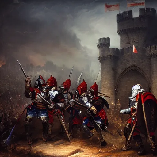 Prompt: A captain commanding his knights to charge through the gates of a castle, war, dark atmosphere, insane detail, medieval fantasy, upscaled, 8k resolution, masterpiece, award winning