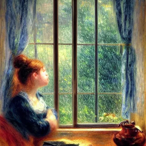 Prompt: on a rainy day, someone in home sits in bed, curled up under the covers, watching the rain outside the window, cinematic, artstation, extremely detailed, intricate, cinematic lighting, art by pierre - auguste renoir, arie johannes lamme