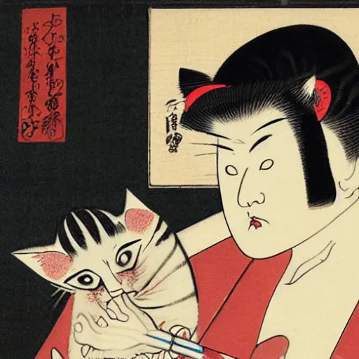 Prompt: angry japanese man giving cat a slice of meat, vintage, painting by utamaro