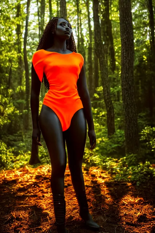 Image similar to hyperrealistic long shot mithra gorgeous black woman intricate exoskeleton bone armor in a forest sun behind her concept art eric zener elson peter cinematic orange light low angle hd 8k sharp rack focus