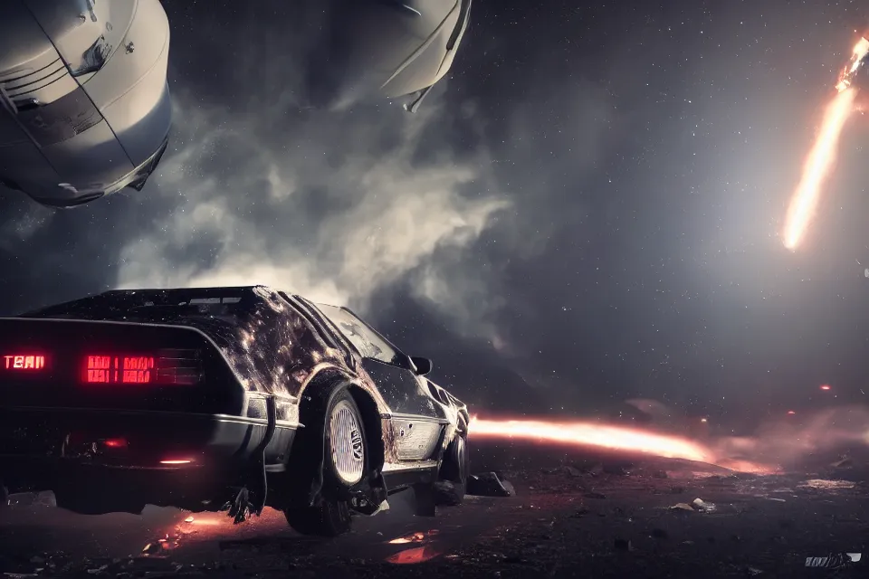 Image similar to ultra realistic delorean dmc 5 drifting on touge wreckage in space, photo from space, dark cinematic, volumetric, realistic, 3 d render, realistic render, cinematic lighting, volumetric lighting, atmospheric, cinematic, unreal engine 5, unreal engine render, octane render, hd, photorealism, hyper realistic, 8 k