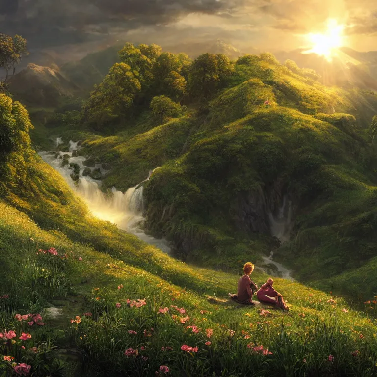 Prompt: a young man sitting and looking out at a lord of the rings scenery landscape, vast lush valley flowers, stream, sunrise, god's rays highly detailed, vivid colour, soft clouds, floral sunset, cinematic lighting, perfect composition, 8 k, gustave dore, derek zabrocki, greg rutkowski, belsinski, octane render