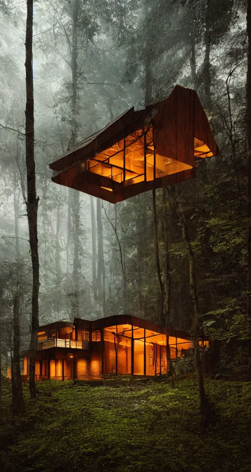 Image similar to an exquisitely designed wooden house in a lush forest, architectural photography, dark and dim lighting, beautiful, tranquil, moody, cinematic, fantasy, 3 5 mm lens, volumetric lighting, first person view, photographic render, hyper realistic