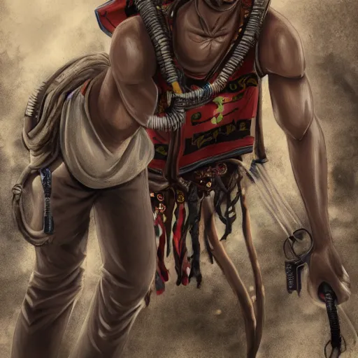 Image similar to beautiful feudal kenyan man, ghostbuster 1 5 6 7 dreaded hair, bob marley, intricate complexity 8 k character concept, ghostbusters, ghostbusters proton pack, ghostbusters trap, in feudal japan, atmospheric background, steampunk aesthetic, fresh food market, people, fine line detail, cinematic quality, high octane, cry engine, 4 k render, masterpiece, octane
