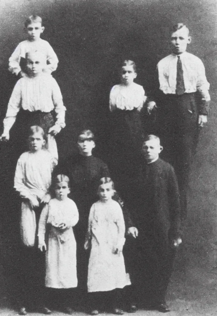 Image similar to photo taken in the 1 9 1 0's, full body view, family pictures with ghost children semi - visible