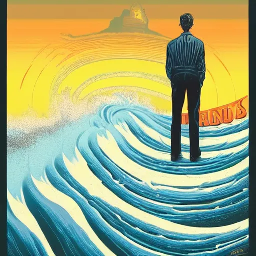 Image similar to a man standing in front of a giant wave, poster art by Jeffrey Smith, behance contest winner, pop surrealism, concert poster, poster art, movie poster