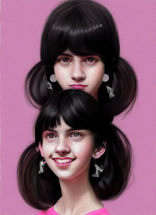 Image similar to portrait of teenage girl, realistic, black hair, bangs, half updo hairstyle, pointy nose, skinny, smile, ugly, defined jawline, big chin, pink hair bow, earrings, intricate, elegant, glowing lights, highly detailed, digital painting, artstation, sharp focus, illustration, art by wlop, mars ravelo and greg rutkowski