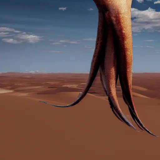 Image similar to a giant squid octopus chimea hanging from the clouds over a desert with beautiful dunes, still from the movie the arrival, 8k