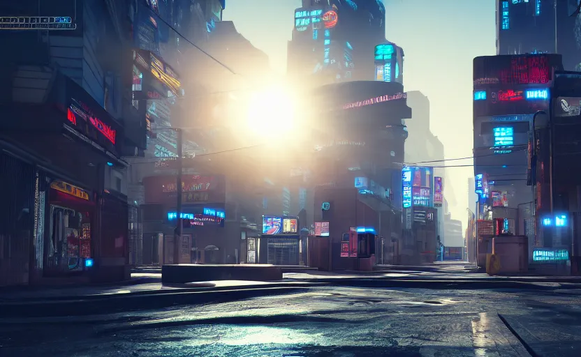 Prompt: photorealistic cyberpunk city streets. daylight. sunlight. lens flare. light fixtures. 8K. detailed. photorealism. artstation. 25mm f/1.7 ASPH Lens. ultra realistic