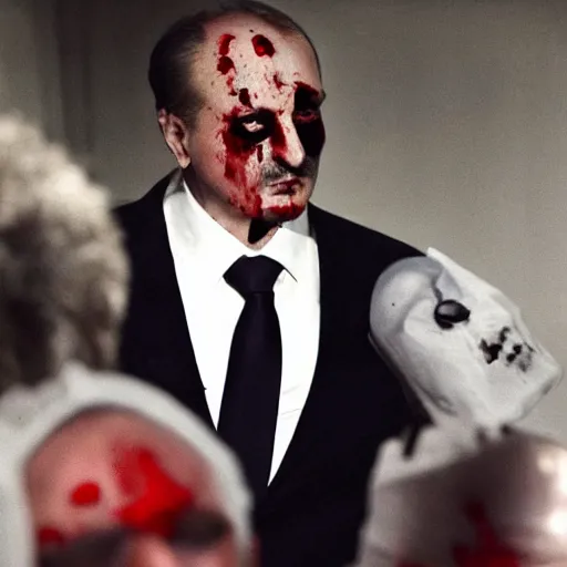 Image similar to Alexander Lukashenko as the American Psycho, staring psychopathically, sweating hard, covered in blood, cinematic still