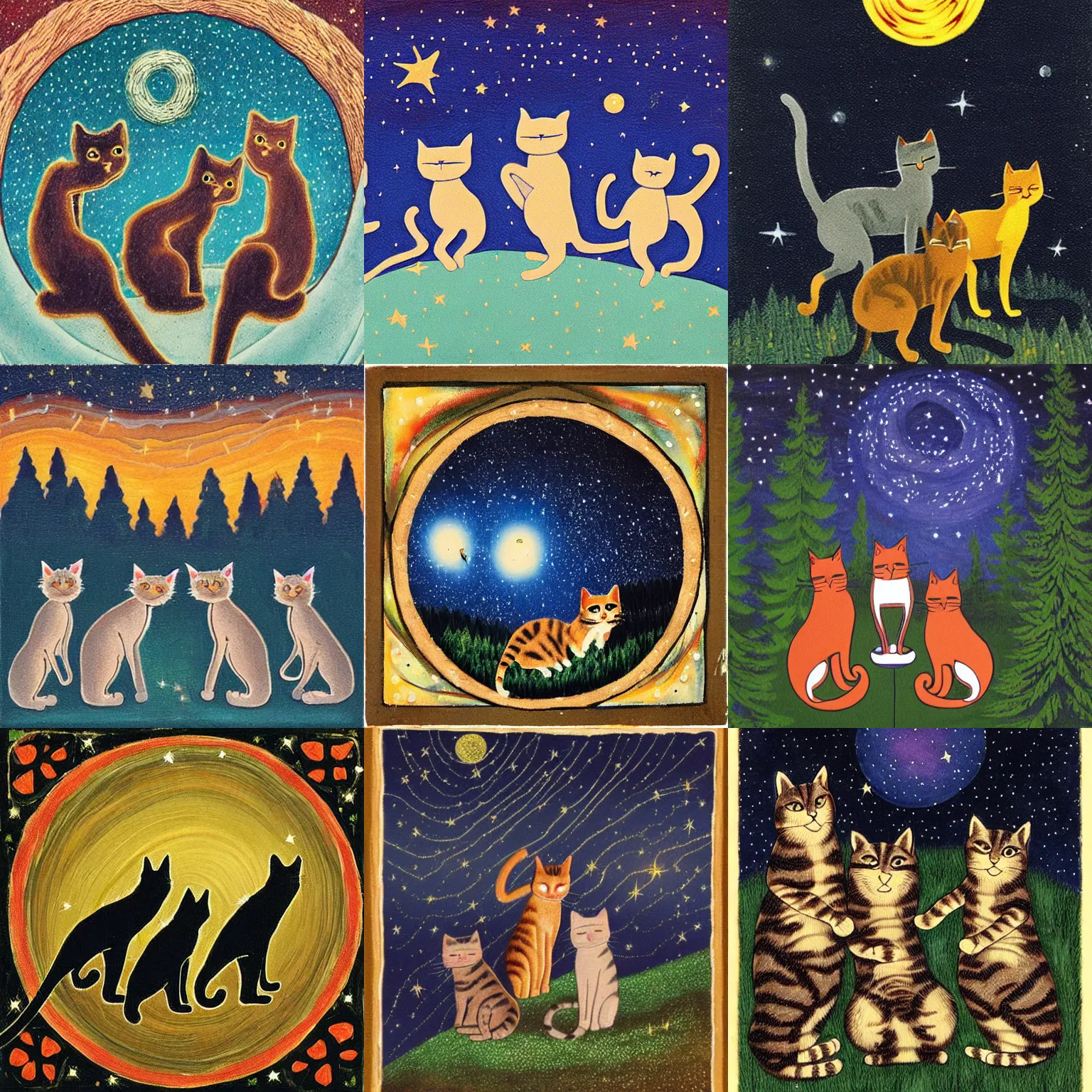 Prompt: 3 cats dance in a round dance, coniferous forest, dark calm sky with sparkling stars, art by suffering middle ages