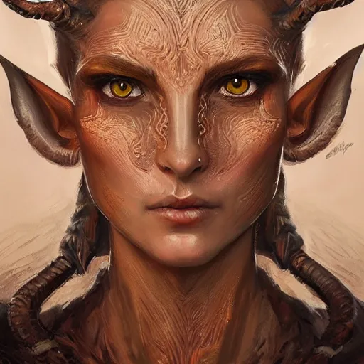 Prompt: A head-on, symmetrical detailed oil portrait of an elf woman with curly copper horns and bright irises, by greg rutkowski, trending on artstation, dungeon and dragons art