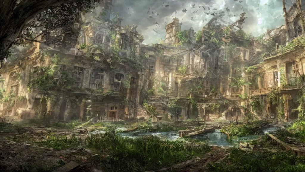 Image similar to nature retaking an abandoned city, fantasy artwork, very very very beautiful scenery, hd, hdr, ue5, ue6, unreal engine 5, cinematic 4k wallpaper, 8k, ultra detailed, high resolution, artstation, award winning