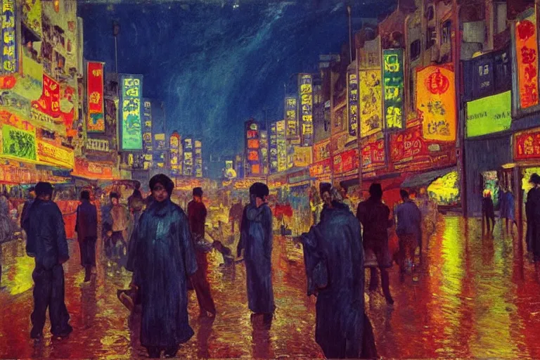 Prompt: dream festival, revelers playing games and shopping at a night market, low angle view from a city street lined with shops and apartments, glowing street signs, city like hong kong, tokyo, barcelona, oil painting by edvard munch, beksinski, alphonse mucha, trending on artstation