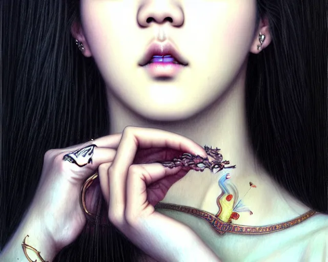 Image similar to jisoo from blackpink, portrait, tarot card, hyperrealistic, highly detailed, deep focus, intricate, elegant, digital painting, smooth, sharp focus, illustration, ultra realistic, 8 k, art by karol bak and agnes cecile