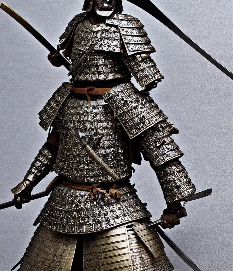Image similar to detailed photorealistic ancient japanese samurai warrior soldier ⚔ 🪖 ⛩ with traditional japanese engravings and ornamentation on armour and weapons, and shining metallic 3 d surfaces, japanese calligraphy, wide angle, 3 d