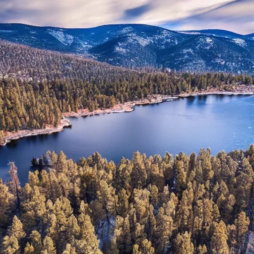 Prompt: Tilt Shift Photography, Big Bear Lake California, Ariel drone shot, 8k