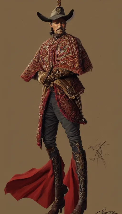 Image similar to federal commander full body portrait, stern look, late xix century red and carmesi gaucho style, ornate poncho, steppe geommetrical background, intricate, highly detailed, digital painting, artstation, concept art, sharp focus, illustration, art by Artgerm, Grafit Studio, and Greg Rutkowski, Craig Mullins, Makoto Shinkai, Stanley Artgerm Lau, WLOP, Rossdraws, James Jean, Andrei Riabovitchev, Marc Simonetti, krenz cushart, Sakimichan, D&D trending on ArtStation, digital art - W 640