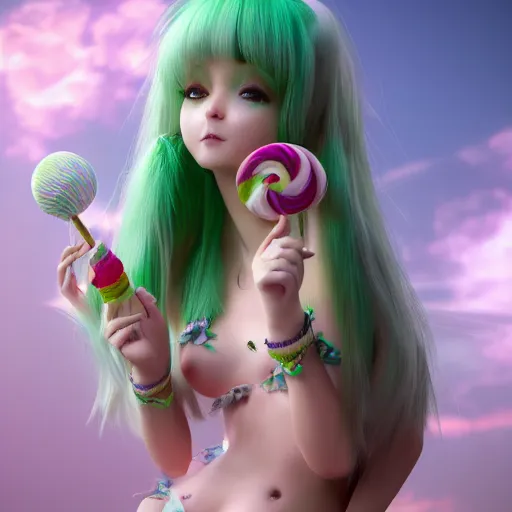 Image similar to ultrarealistic sweet bunny girl, intricate details, green eyes, 8K, long hair, fluffy, pink, lollipop, high octane render