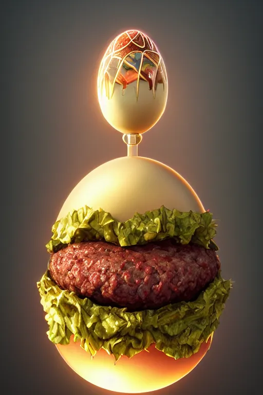 Image similar to a hamburger as a faberge egg, anatomy, bathed in light, highly detailed, photorealistic, artstation, smooth, sharp focus, illustration, unreal engine 5, 8 k, art by artgerm and greg rutkowski and edgar maxence