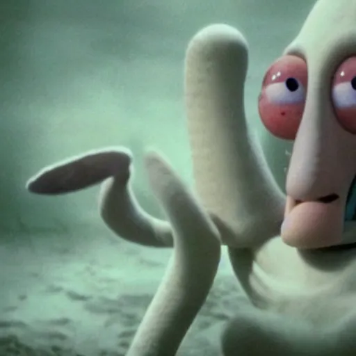 Prompt: A badass photo of squidward tentacles walking in a movie, hyper detailed, award winning photography, perfect faces