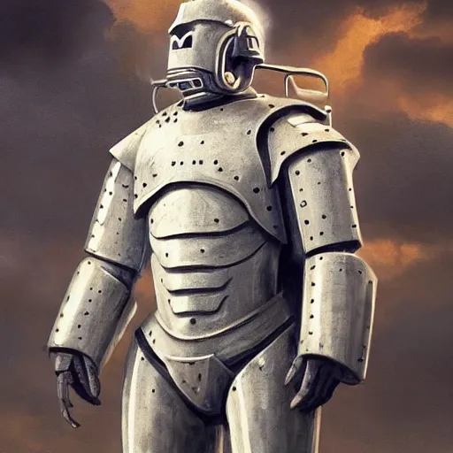 Image similar to majestic albino clone, visible face with sad expression, engineering diagram tattoos on forehead and rough features, angular steel aztec power armor, battlefield with strange coiled, spiral clouds, concept art by deak ferrand, greg rutkowski and carvaggio