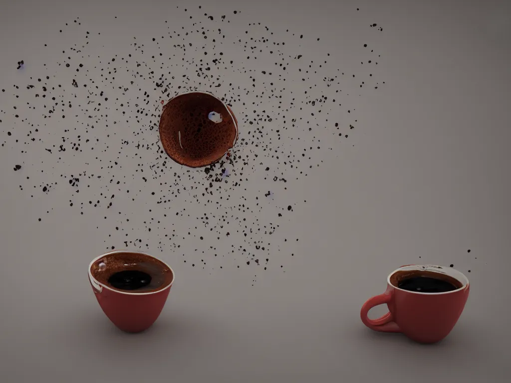 Image similar to 3D art, a coffee cup shattering against a wall, coffee splash, simulation, render, octane render, zbrush, ultra detailed