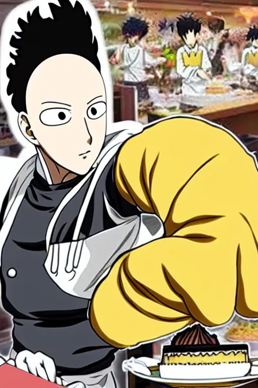 Image similar to chef saitama one punch man, dressed as a pastry chef, making a cake, detailed anime artwork