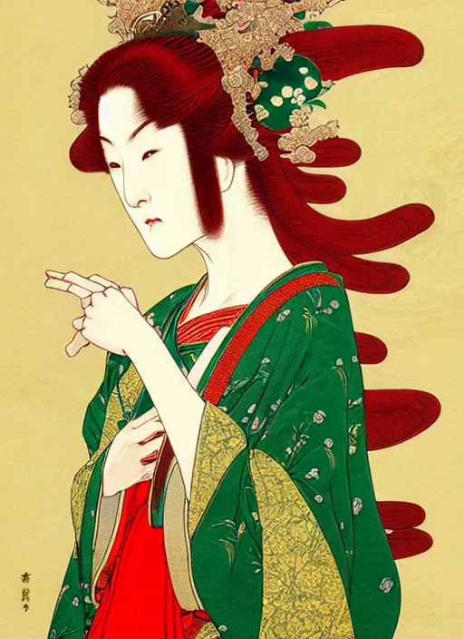 Prompt: a beautiful ukiyo - e portrait of a beautiful elven queen with long red hair, wearing green, red and gold ornate dress, golden intricate crown. detailed symmetrical close up portrait, intricate complexity, concept art, by takato yamamoto, wlop, krenz cushart. cinematic dramatic atmosphere, sharp focus