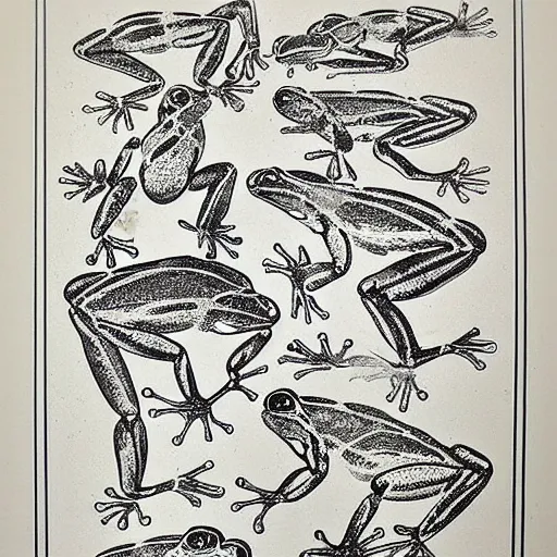 Image similar to full page antique lithograph blueprint of frogs, White background, art print, clean brush stroke