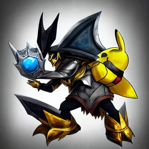 Image similar to Mordekaiser form league of legends sitting on a throne with a pikachu