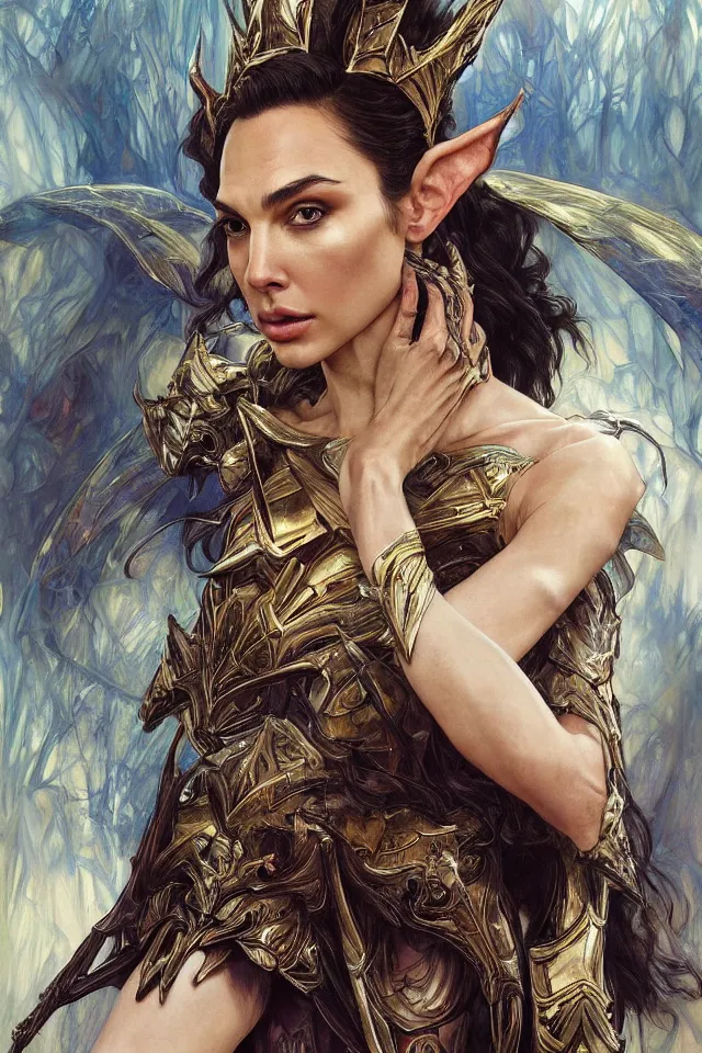 Image similar to Frightening and beautiful Gal Gadot as High elf queen wearing high fashion from Alexander McQueen and Iris Van Herpen, hyperrealistic masterpiece painted by Jaime Jones, Craig Mullins, Artgerm and Alphonse Mucha