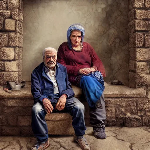 Image similar to hyperrealistic mixed media high resolution image of two Kurdish grandparents, stunning 3d render inspired art by István Sándorfi and Greg Rutkowski and Unreal Engine, perfect symmetry, dim volumetric lighting, 8k octane beautifully detailed render, post-processing, extremely hyper-detailed, intricate, epic composition, highly detailed attributes, highly detailed atmosphere, full body shot, cinematic lighting, masterpiece, trending on artstation, very very detailed, masterpiece, stunning, flawless structure, lifelike texture, perfection,