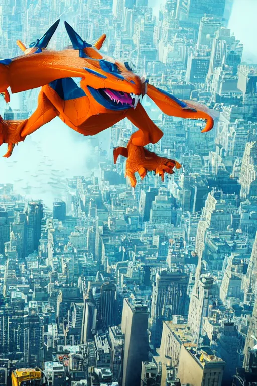 Prompt: charizard flying above new york, cybertronian, long shot, cinematography by wes anderson, 4 k octane render, intricate detail, photorealistic, cinematic lighting, artstation