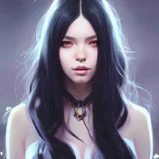 Image similar to a beautiful girl with long black hair, fantasy, portrait, sharp focus, intricate, elegant, digital painting, artstation, matte, highly detailed, concept art, illustration, ambient lighting, art by Rossdraws, artgerm, and Greg Rutkowski