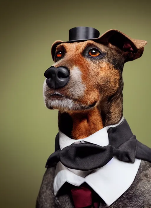 Prompt: closeup portrait of a hunting terrier wearing a suit and a monocle and a top hat, depth of field, zeiss lens, detailed, centered, by Annie Leibovitz and Steve McCurry, David Lazar, Jimmy Nelsson, Breathtaking, 8k resolution, extremely detailed, beautiful, establishing shot, artistic, hyperrealistic, beautiful face, octane render