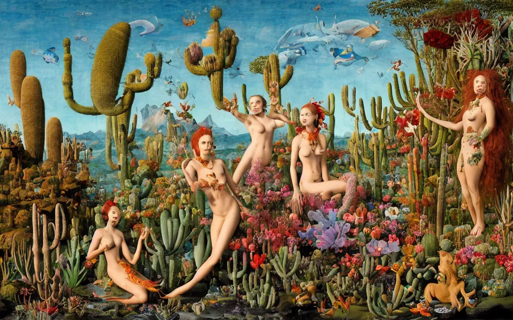 Prompt: a portrait photograph of a meditating mermaid werewolf and a centaur prince feeding tropical animals at a wide river delta. surrounded by bulbous flowers, animals, trees and cacti. mountain range under a vast blue sky of burning stars. painted by jan van eyck, max ernst, ernst haeckel and artgerm, cgsociety, artstation, fashion editorial