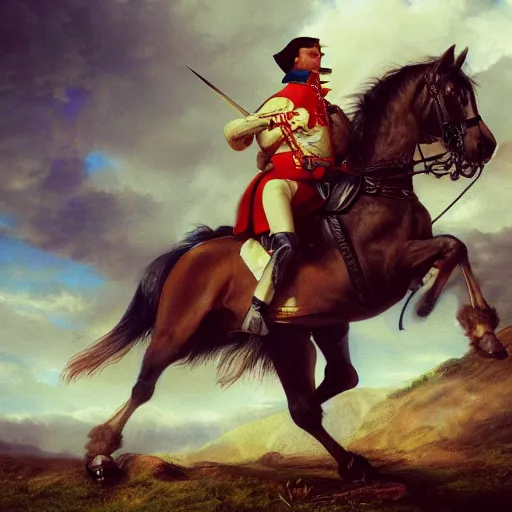 Image similar to gopro picture of napoleon on his horse fighting in waterloo, trending artstation, hyper realistic, very detailed, dramatic scene, realistic lighting, anime, 4 k