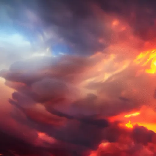 Image similar to burning clouds, thunder and fire rain, 4k, post-processing, very very detailed, artstation, cute