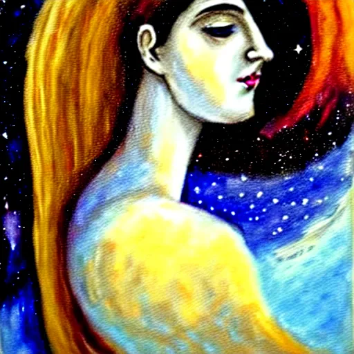 Prompt: beautiful ancient greek girl dreaming of galaxies, painting