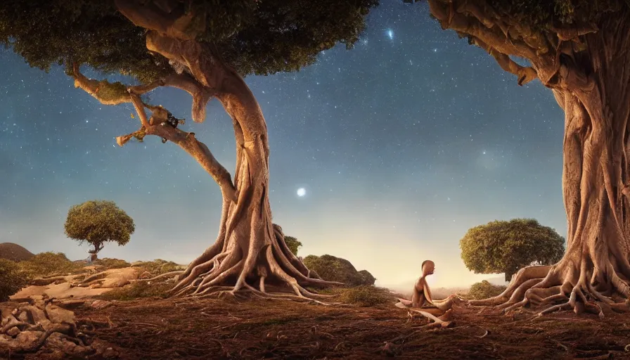 Image similar to very very small mannequin robot, sitting on a gigantic banyan tree in moonlit socotra island by ilya kuvshinov, starry night, rtx rendering, octane render 1 2 8 k, maya, extreme high intricate details by tom bagshaw, medium shot, close up shot, composition by sana takeda, lighting by greg rutkowski