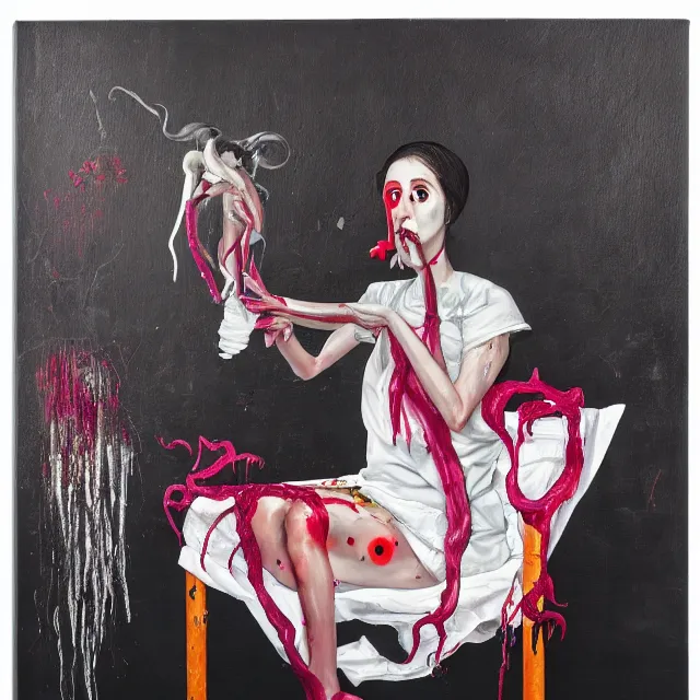 Image similar to empty room with black walls, a portrait of a female pathologist holding an octopus, intravenous drip, wilted flowers, pomegranate, berry juice dripping, neo - expressionism, surrealism, acrylic and spray paint and oilstick on canvas