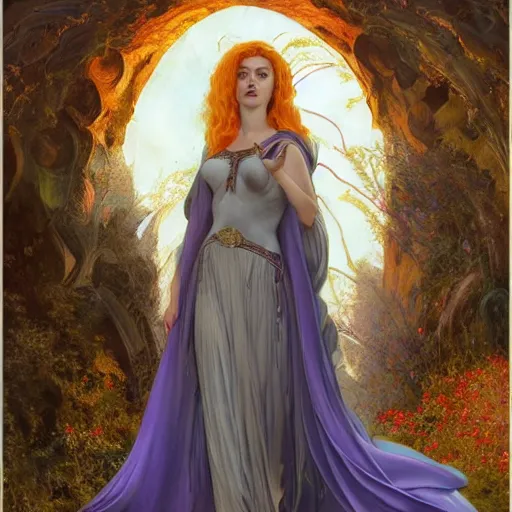 Prompt: a highly detailed byzantine painting of scarlett johansson as a red haired vampire sorceress, walking through a waterfall in a gossamer purple dress, epic fantasy, viewed in profile from far away, ultrawide lens, art by artgerm and greg rutkowski and alphonse mucha, volumetric lighting, 4 k resolution, trending on artstation, masterpiece